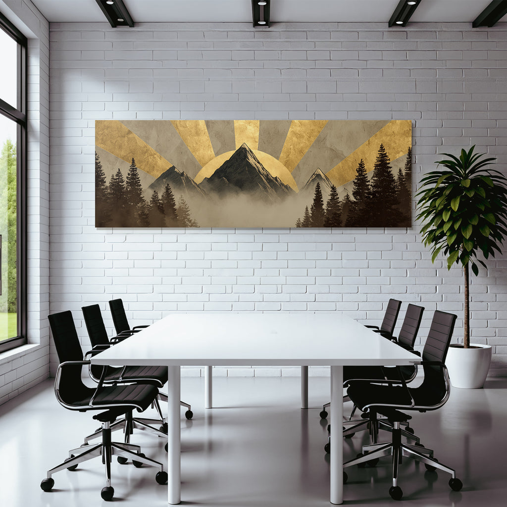 ArtDeco Landschaft Mit Bergen Baeumen Und Sonnenstrahlen In Goldenen Erdtönen