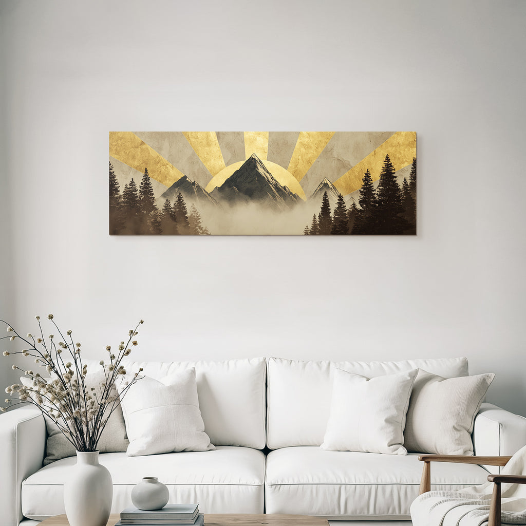 ArtDeco Landschaft Mit Bergen Baeumen Und Sonnenstrahlen In Goldenen Erdtönen