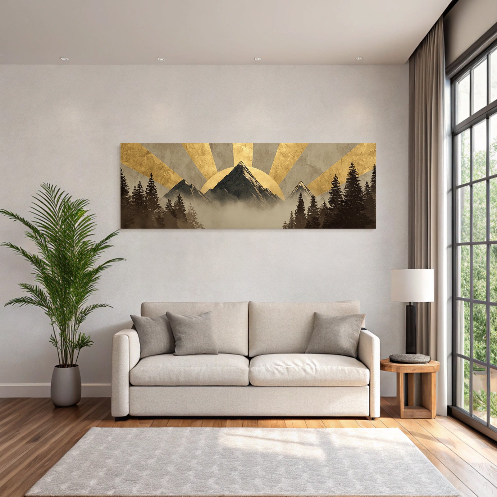 ArtDeco Landschaft Mit Bergen Baeumen Und Sonnenstrahlen In Goldenen Erdtönen