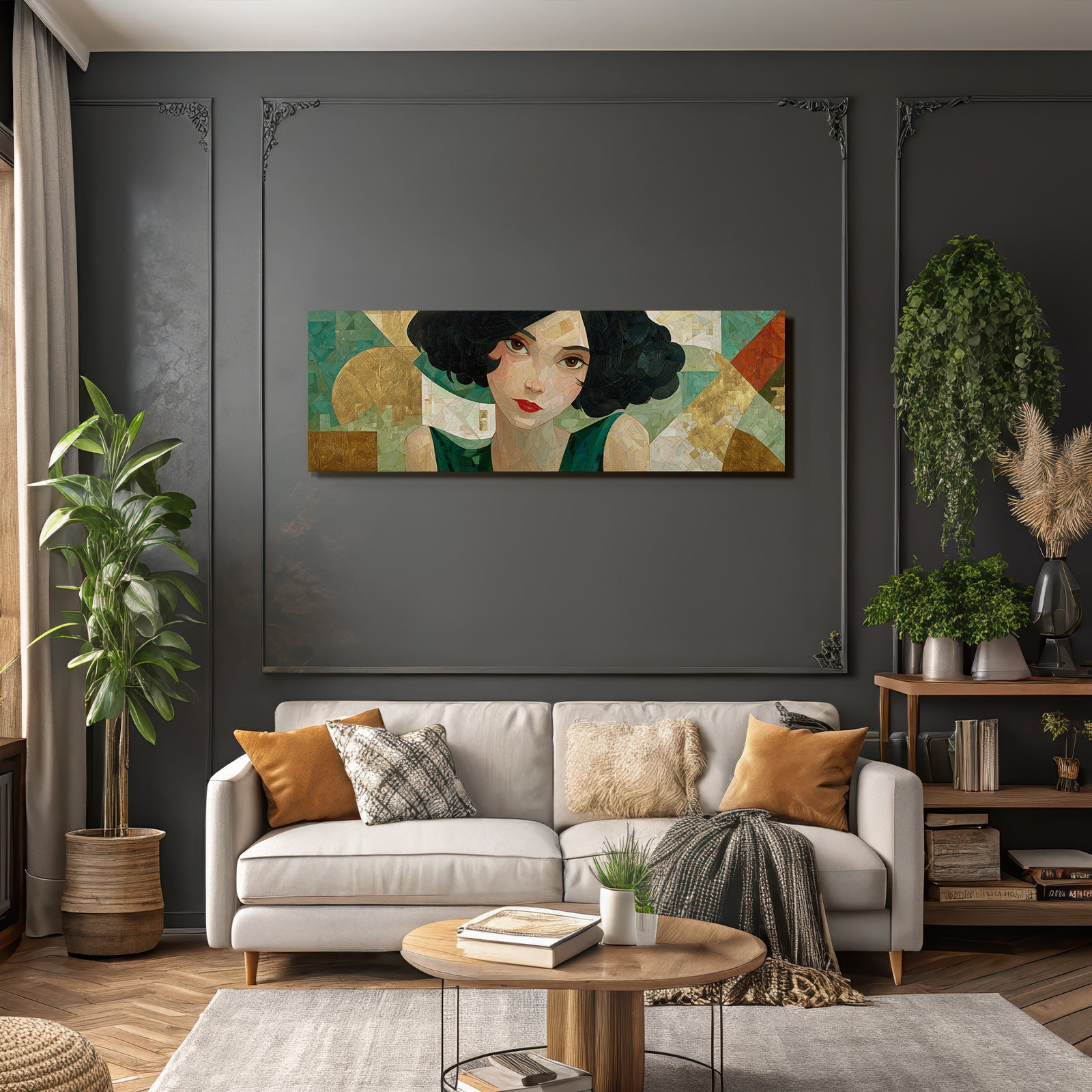 ArtDeco Modernes Fraüngesicht Mit Geometrischem Hintergrund