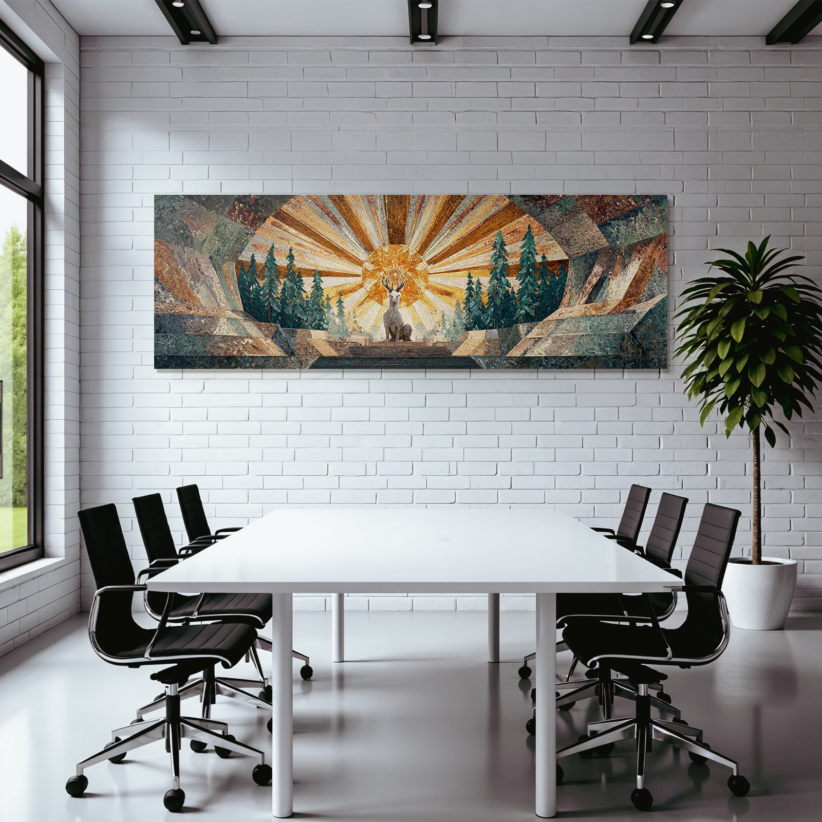 ArtDeco Mosaikkunst Hirsch Im Wald Mit Strahlender Sonne
