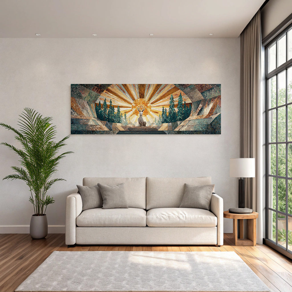 ArtDeco Mosaikkunst Hirsch Im Wald Mit Strahlender Sonne