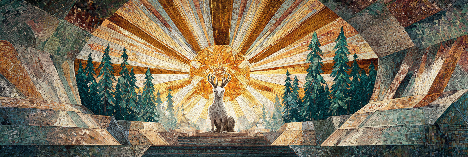 ArtDeco Mosaikkunst Hirsch Im Wald Mit Strahlender Sonne | Art Deco | Stilrichtungen