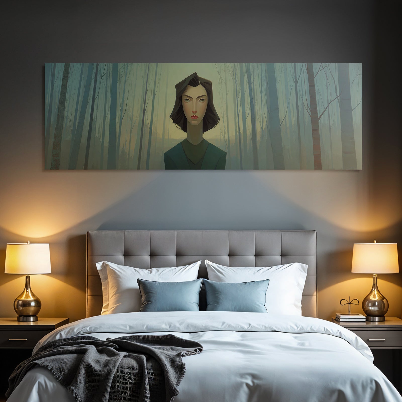 ArtDeco Nebliger Wald Mit Geometrischem Gesichtsdesign