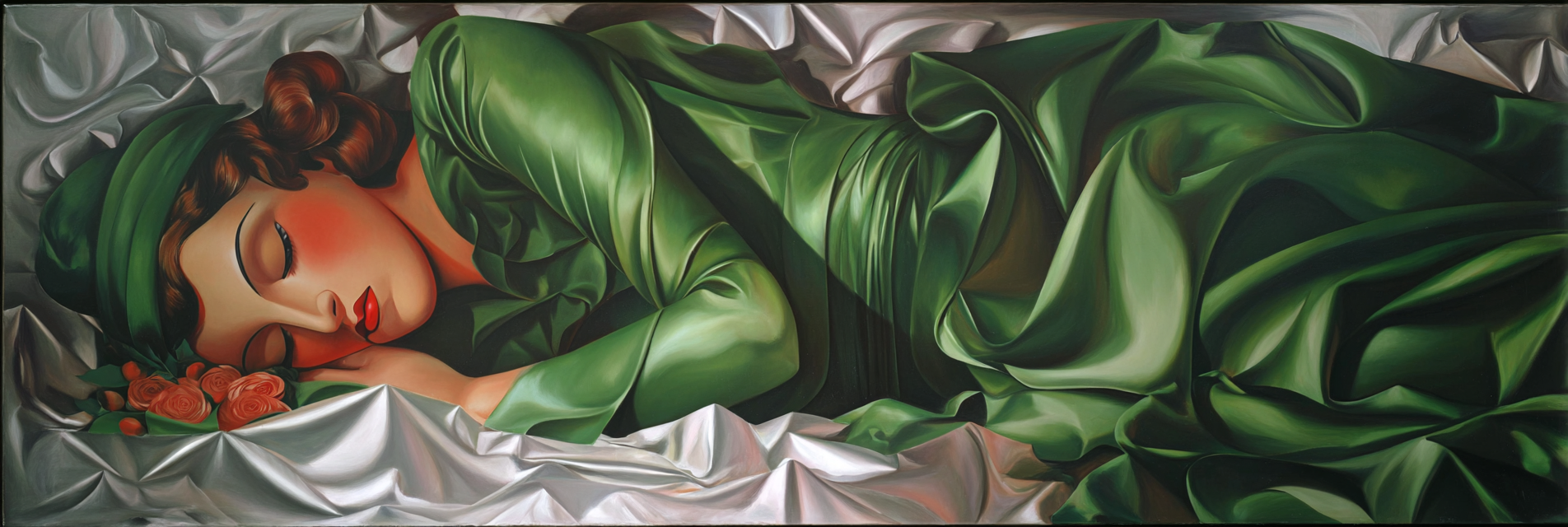 ArtDeco Schlafende Frau Im Grüner Gewand Umgeben Von Weichen Stoffen Mit Blumenarrangement | Art Deco | Stilrichtungen