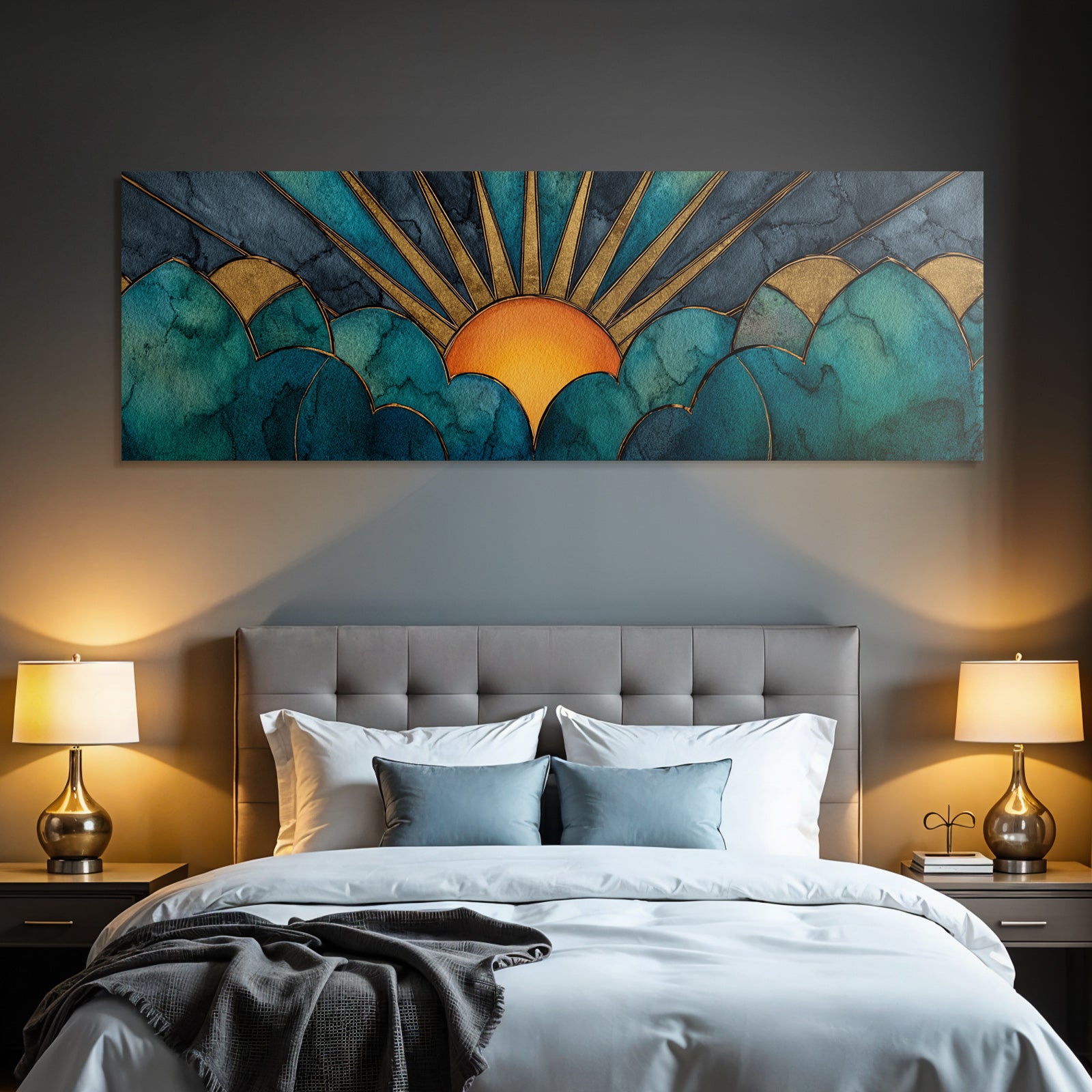 ArtDeco Sonnenaufgang Über Stilisierten Wolken Mit Wasserfarben Und Goldakzenten