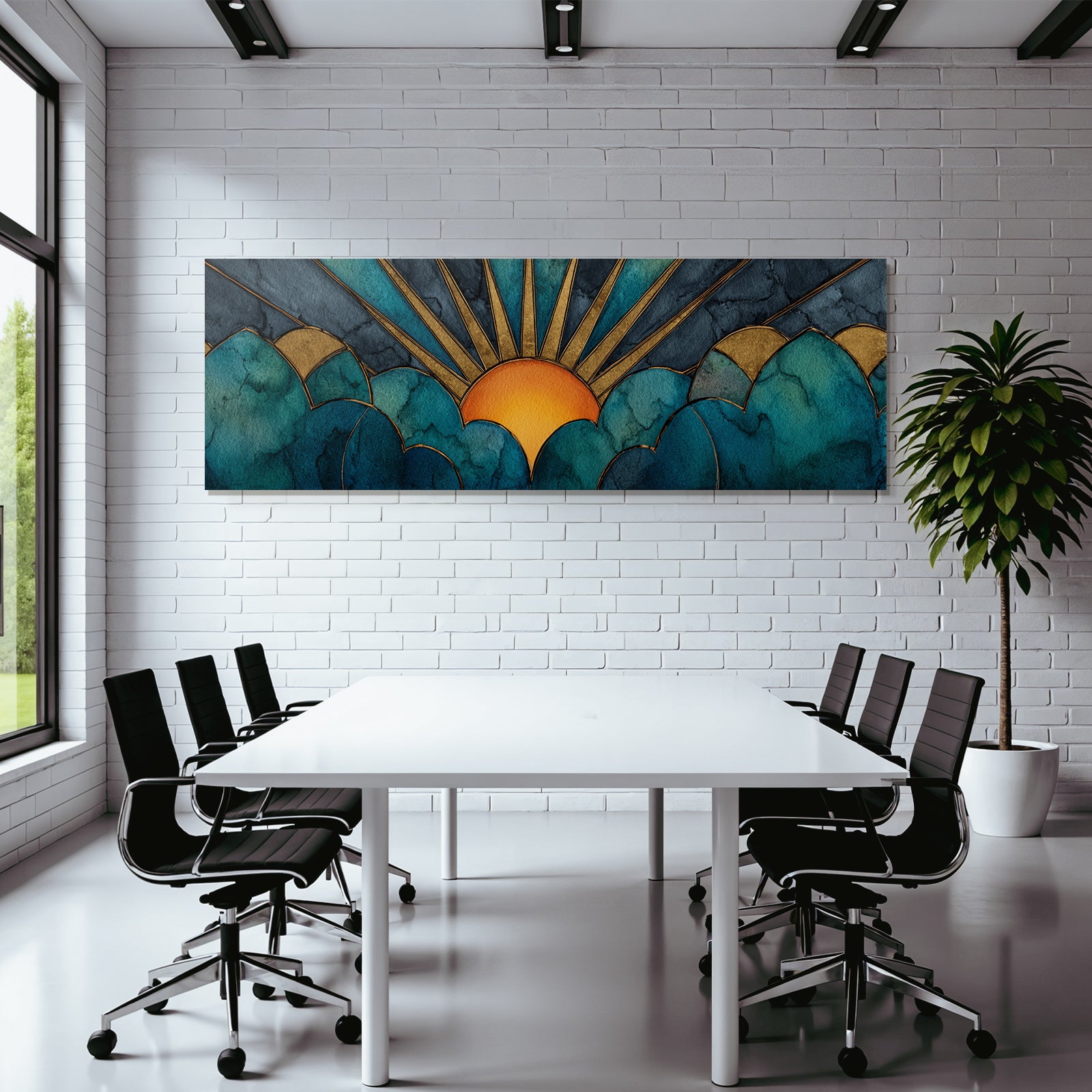 ArtDeco Sonnenaufgang Über Stilisierten Wolken Mit Wasserfarben Und Goldakzenten