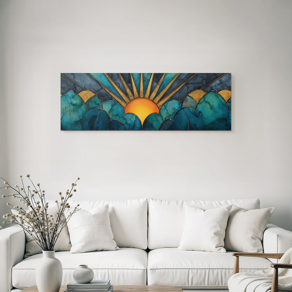 ArtDeco Sonnenaufgang Über Stilisierten Wolken Mit Wasserfarben Und Goldakzenten