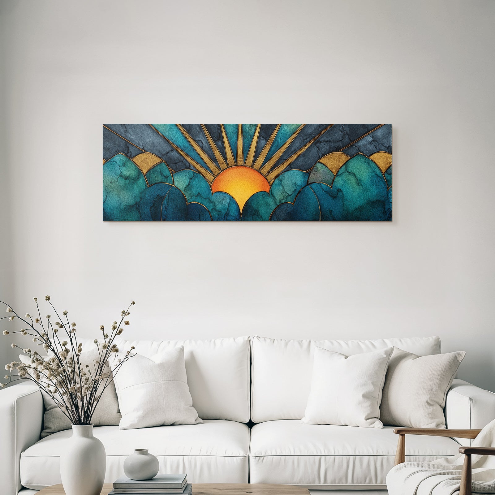 ArtDeco Sonnenaufgang Über Stilisierten Wolken Mit Wasserfarben Und Goldakzenten