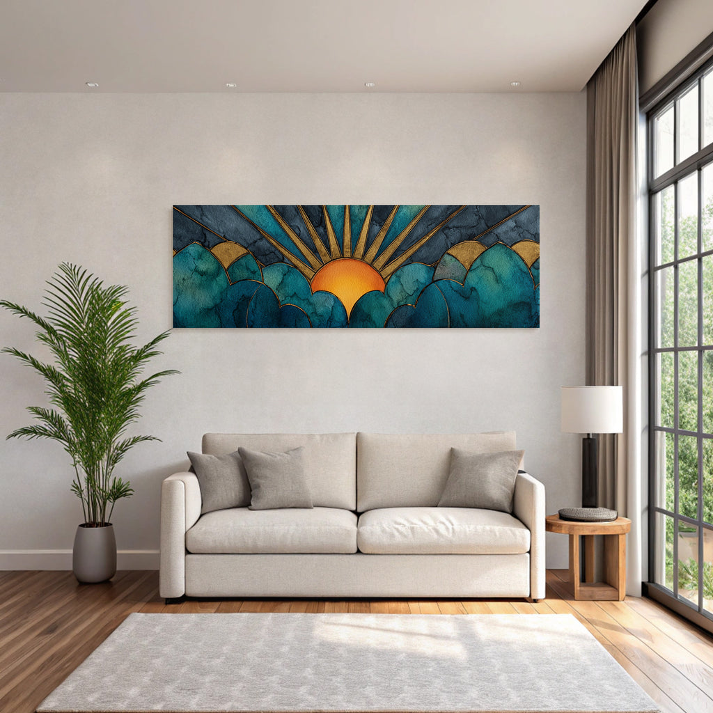 ArtDeco Sonnenaufgang Über Stilisierten Wolken Mit Wasserfarben Und Goldakzenten