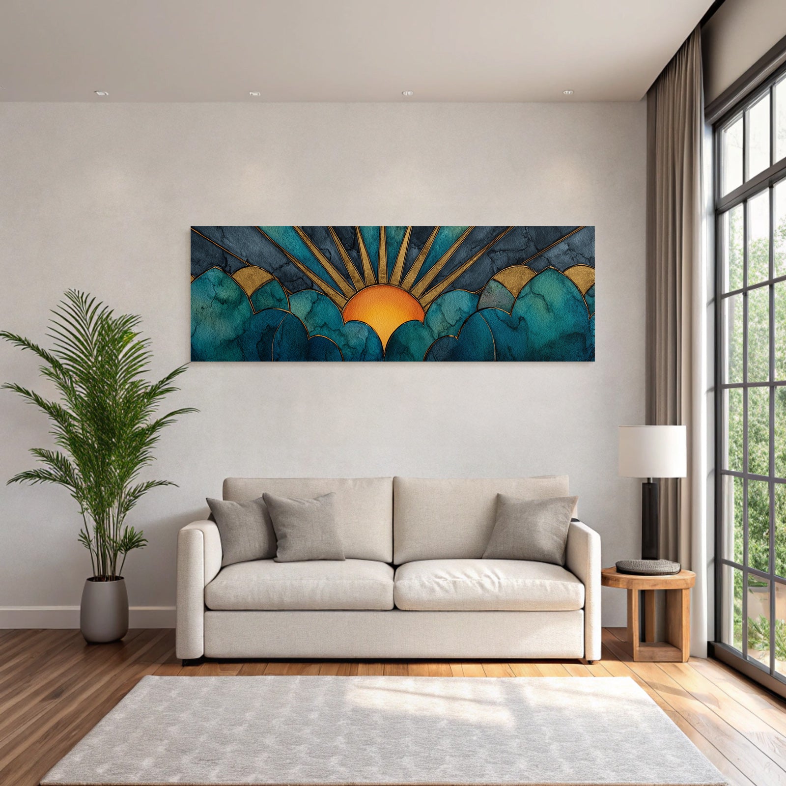 ArtDeco Sonnenaufgang Über Stilisierten Wolken Mit Wasserfarben Und Goldakzenten