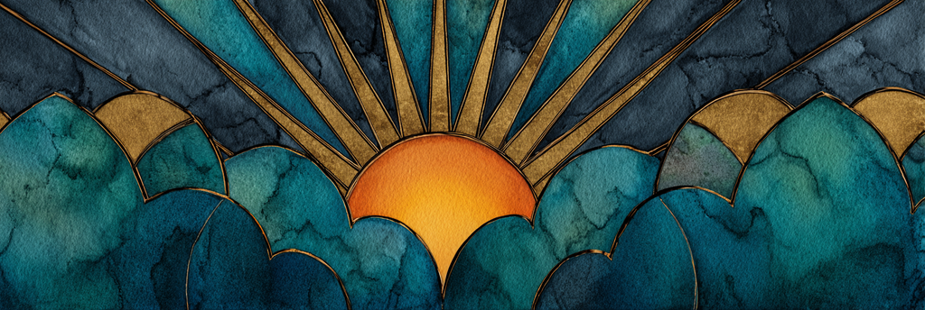 ArtDeco Sonnenaufgang Über Stilisierten Wolken Mit Wasserfarben Und Goldakzenten | Art Deco | Stilrichtungen