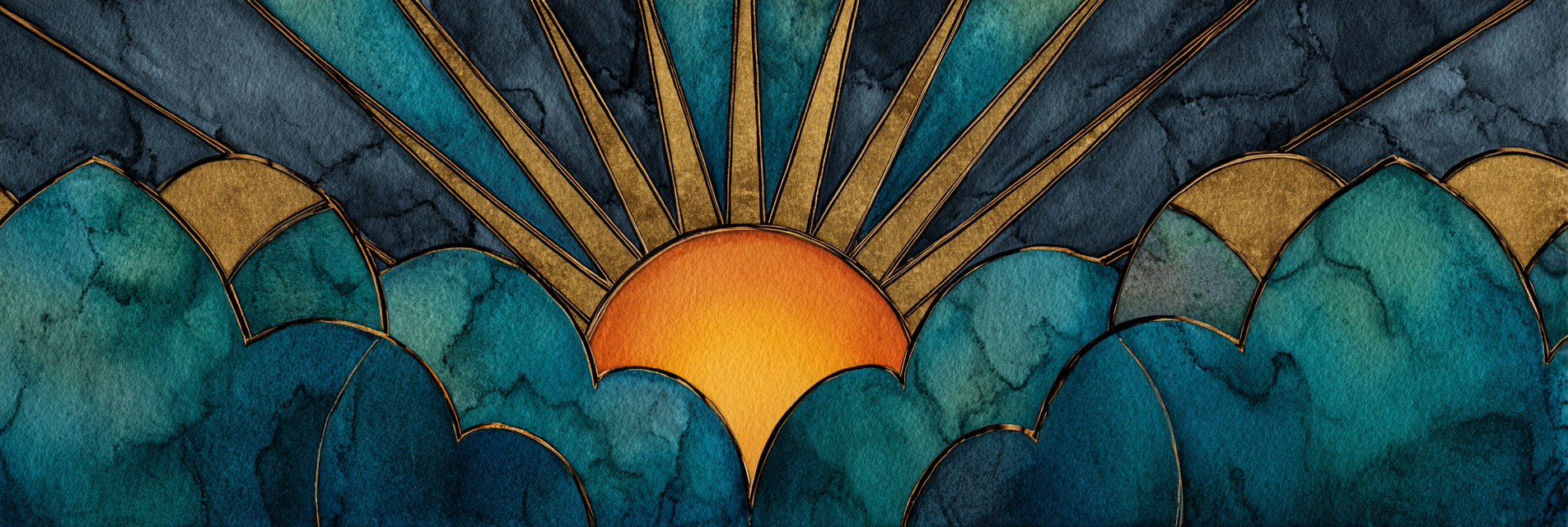 ArtDeco Sonnenaufgang Über Stilisierten Wolken Mit Wasserfarben Und Goldakzenten | Art Deco | Stilrichtungen