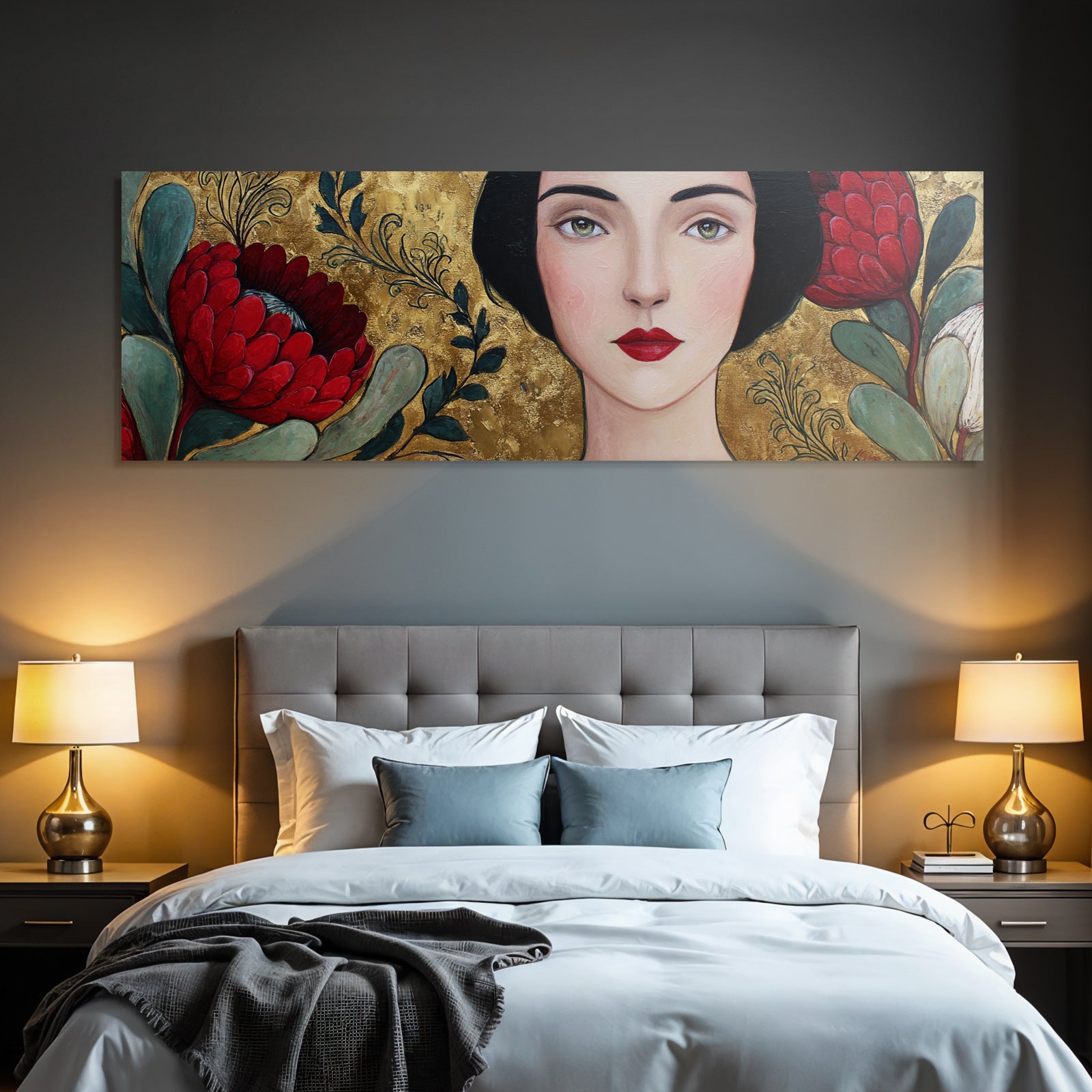 ArtDeco Frau Mit Roten Blumen Grünen Blättern Und Goldenem Hintergrund