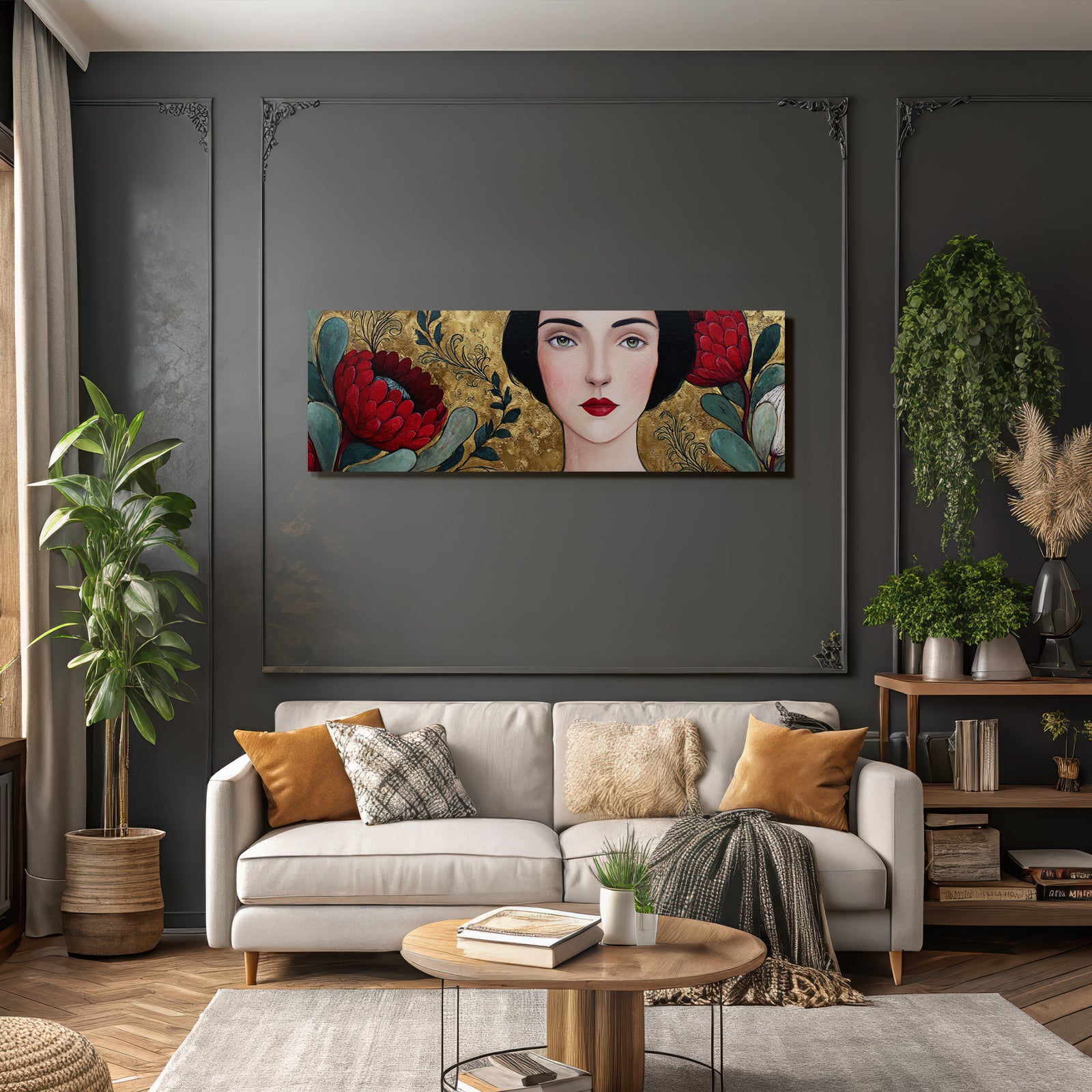 ArtDeco Frau Mit Roten Blumen Grünen Blättern Und Goldenem Hintergrund
