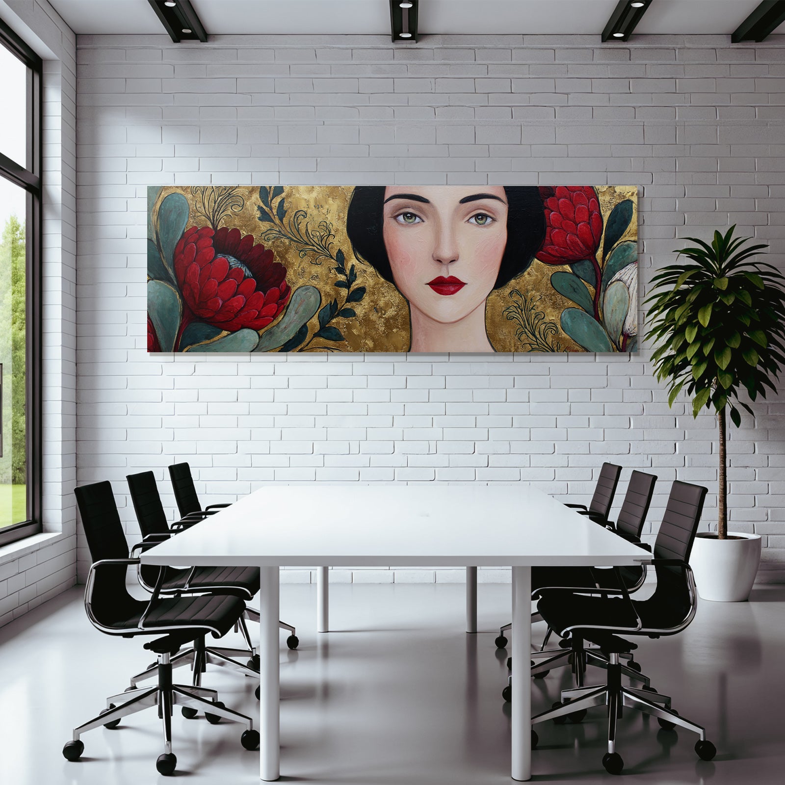 ArtDeco Frau Mit Roten Blumen Grünen Blättern Und Goldenem Hintergrund