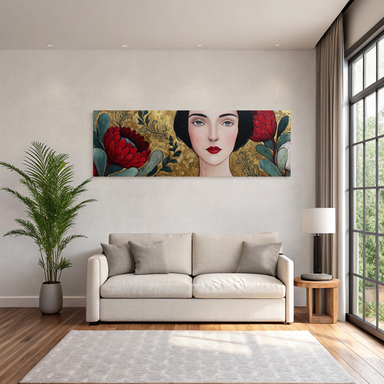 ArtDeco Frau Mit Roten Blumen Grünen Blättern Und Goldenem Hintergrund