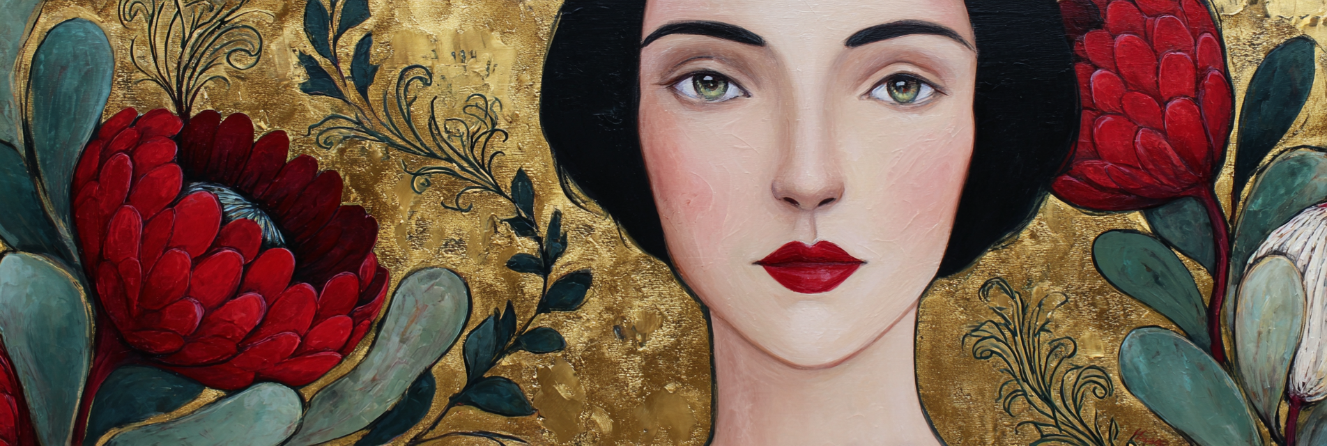 ArtDeco Frau Mit Roten Blumen Grünen Blättern Und Goldenem Hintergrund | Art Deco | Stilrichtungen