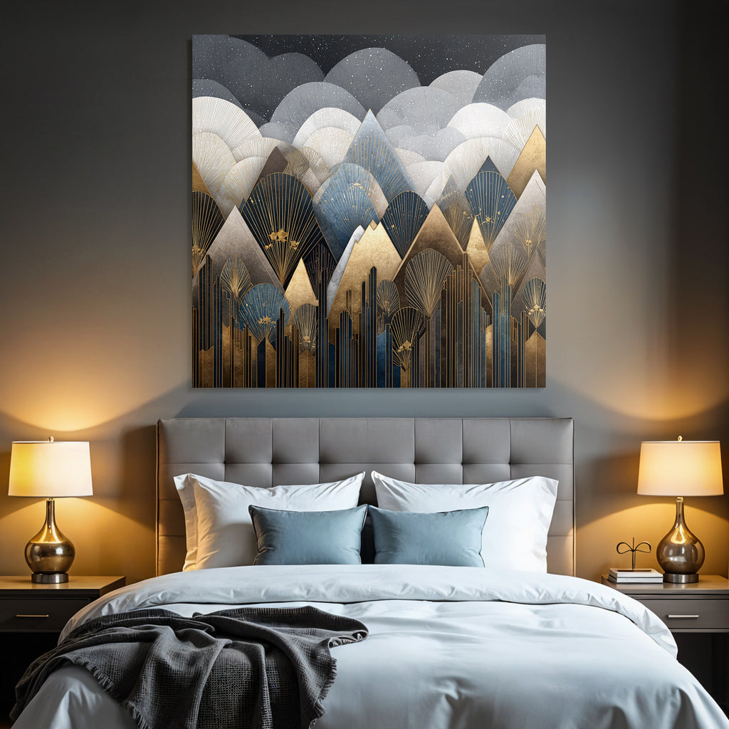 ArtDeco Abstrakte Berge Und Wolken In Gold Blau Grau Und Schwarz