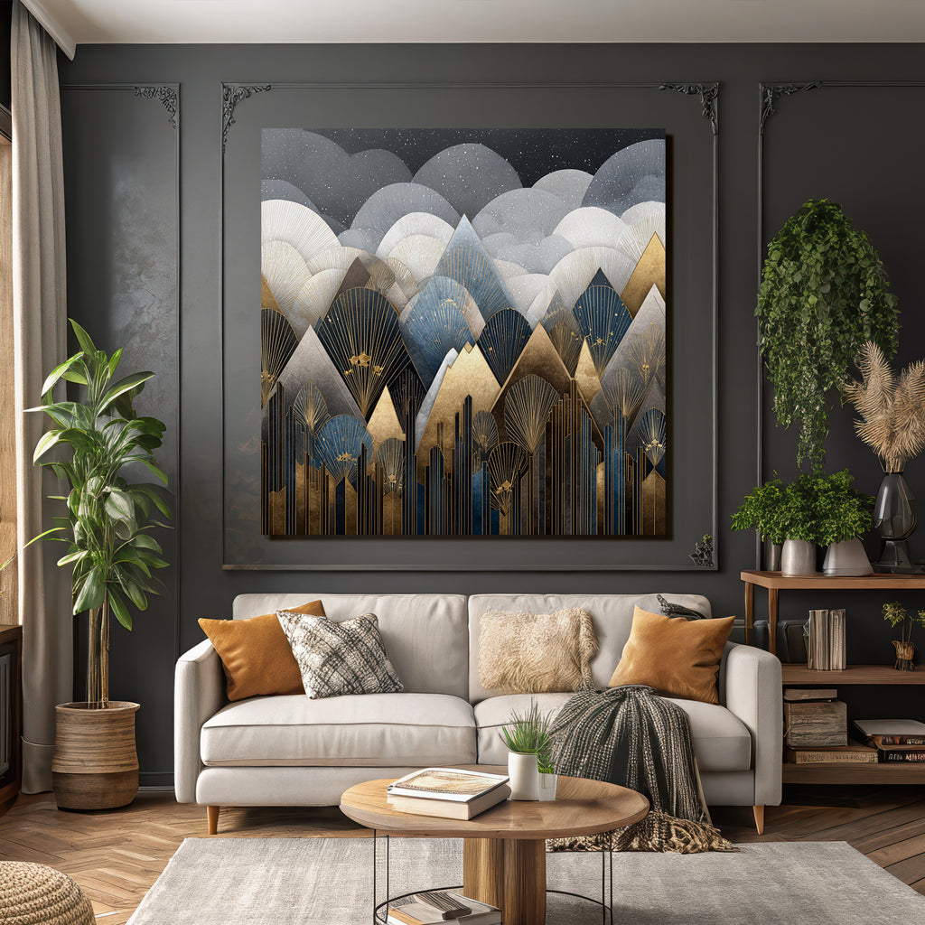 ArtDeco Abstrakte Berge Und Wolken In Gold Blau Grau Und Schwarz