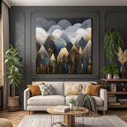 ArtDeco Abstrakte Berge Und Wolken In Gold Blau Grau Und Schwarz