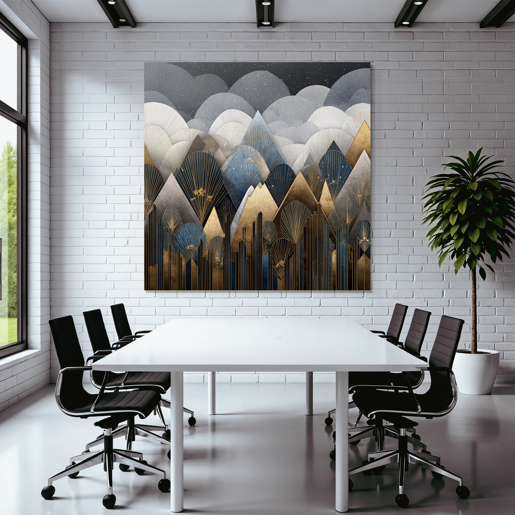ArtDeco Abstrakte Berge Und Wolken In Gold Blau Grau Und Schwarz