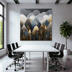 ArtDeco Abstrakte Berge Und Wolken In Gold Blau Grau Und Schwarz