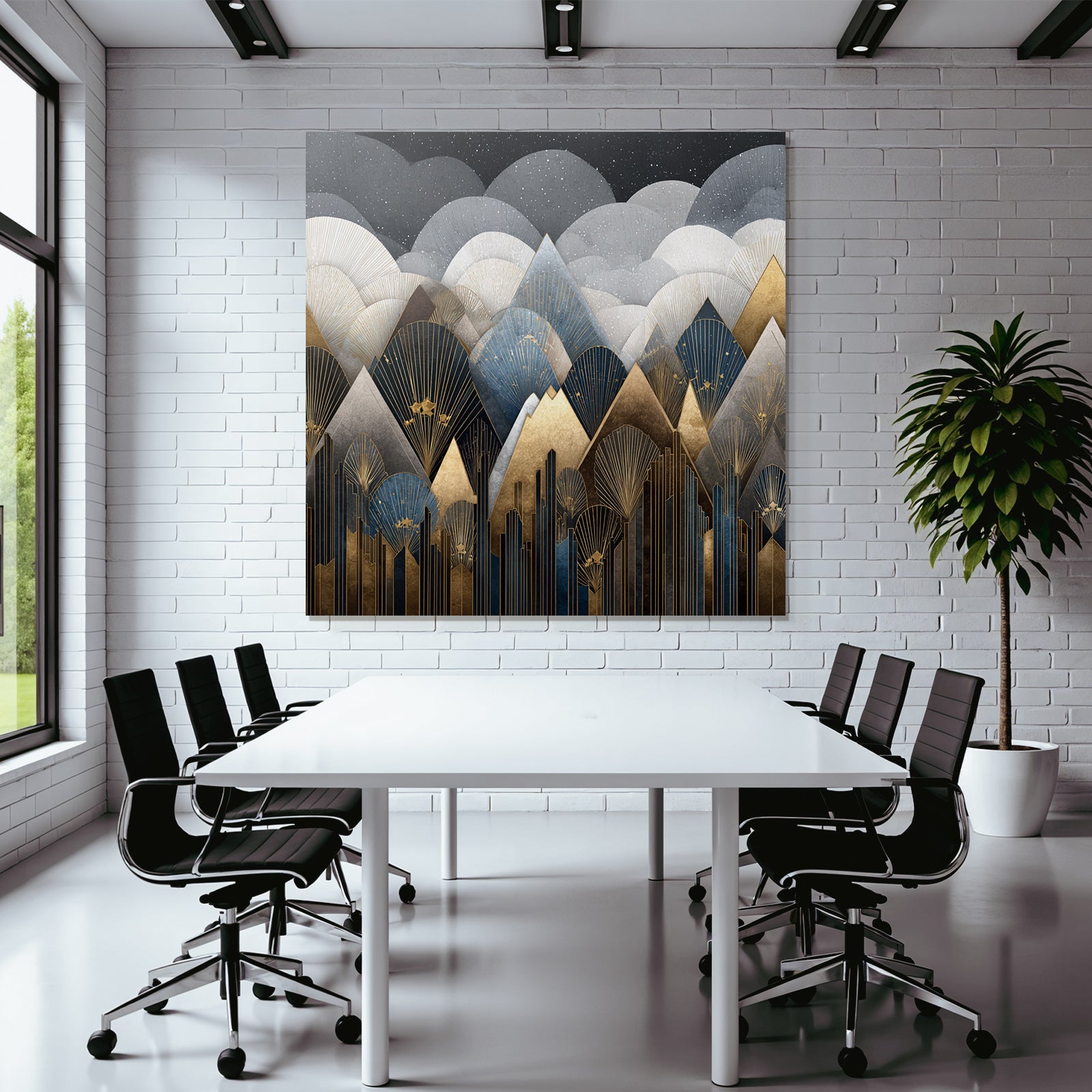 ArtDeco Abstrakte Berge Und Wolken In Gold Blau Grau Und Schwarz