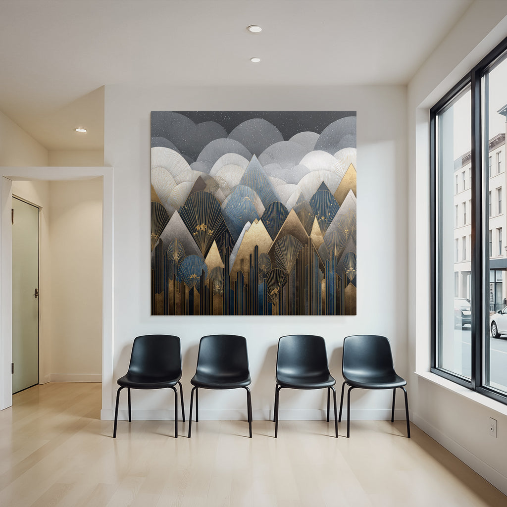 ArtDeco Abstrakte Berge Und Wolken In Gold Blau Grau Und Schwarz