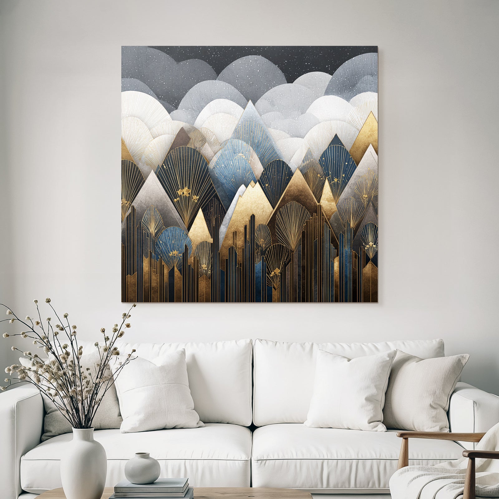 ArtDeco Abstrakte Berge Und Wolken In Gold Blau Grau Und Schwarz