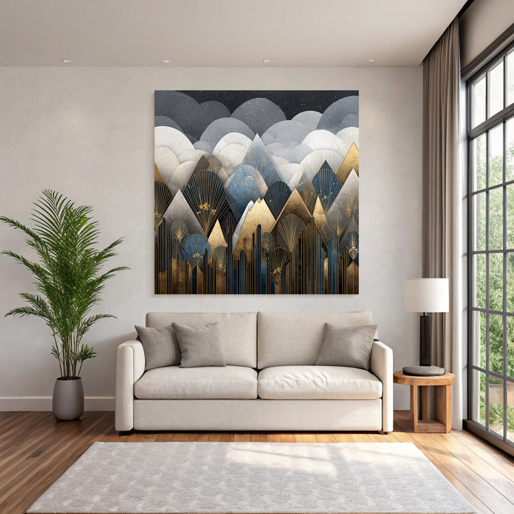 ArtDeco Abstrakte Berge Und Wolken In Gold Blau Grau Und Schwarz