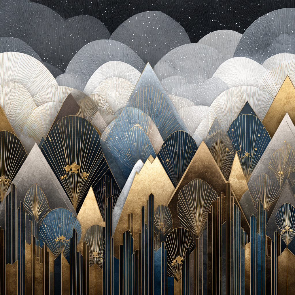 ArtDeco Abstrakte Berge Und Wolken In Gold Blau Grau Und Schwarz | Art Deco | Stilrichtungen
