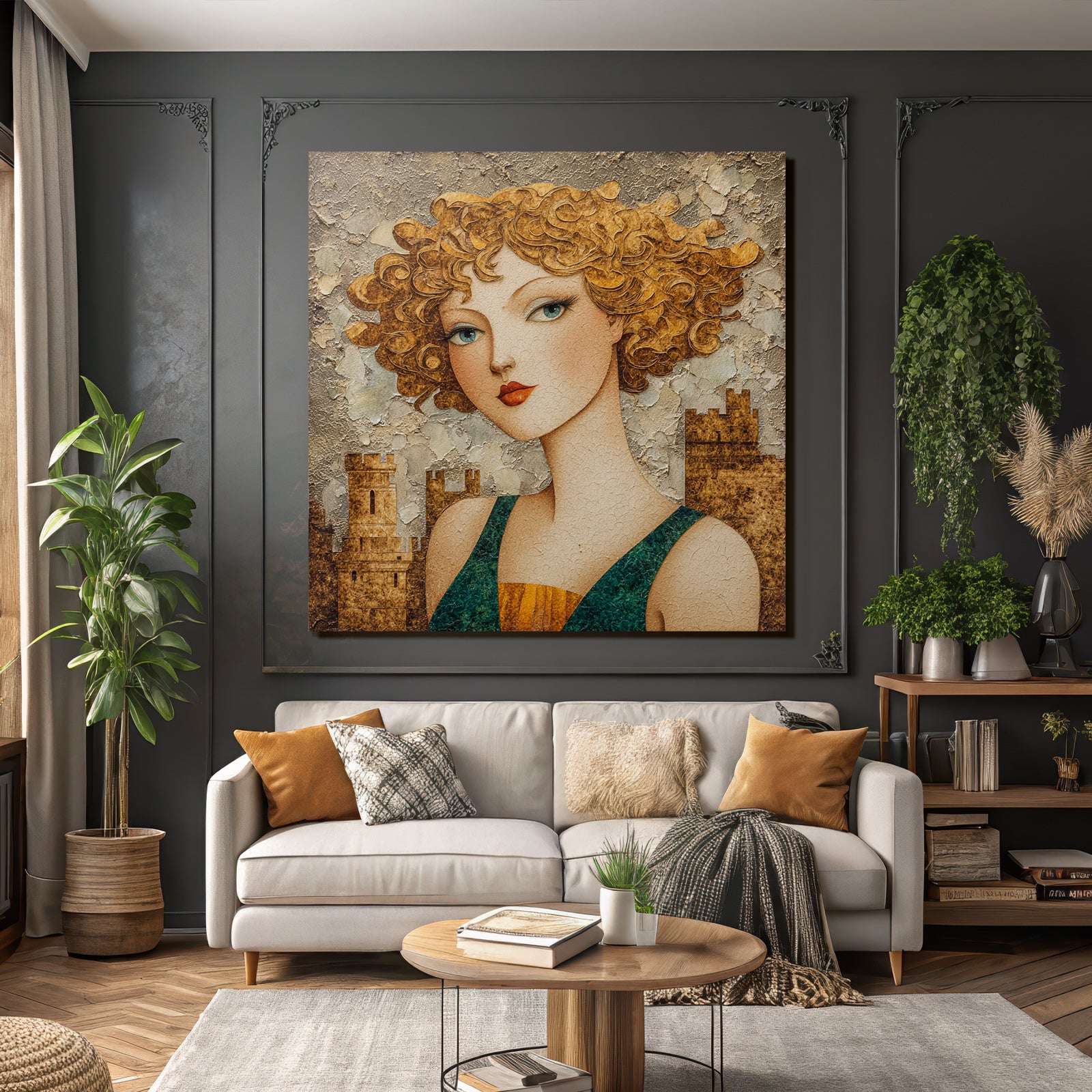 ArtDeco Abstrakte Frau Mit Lockigem Haar Vor Burgenkulisse