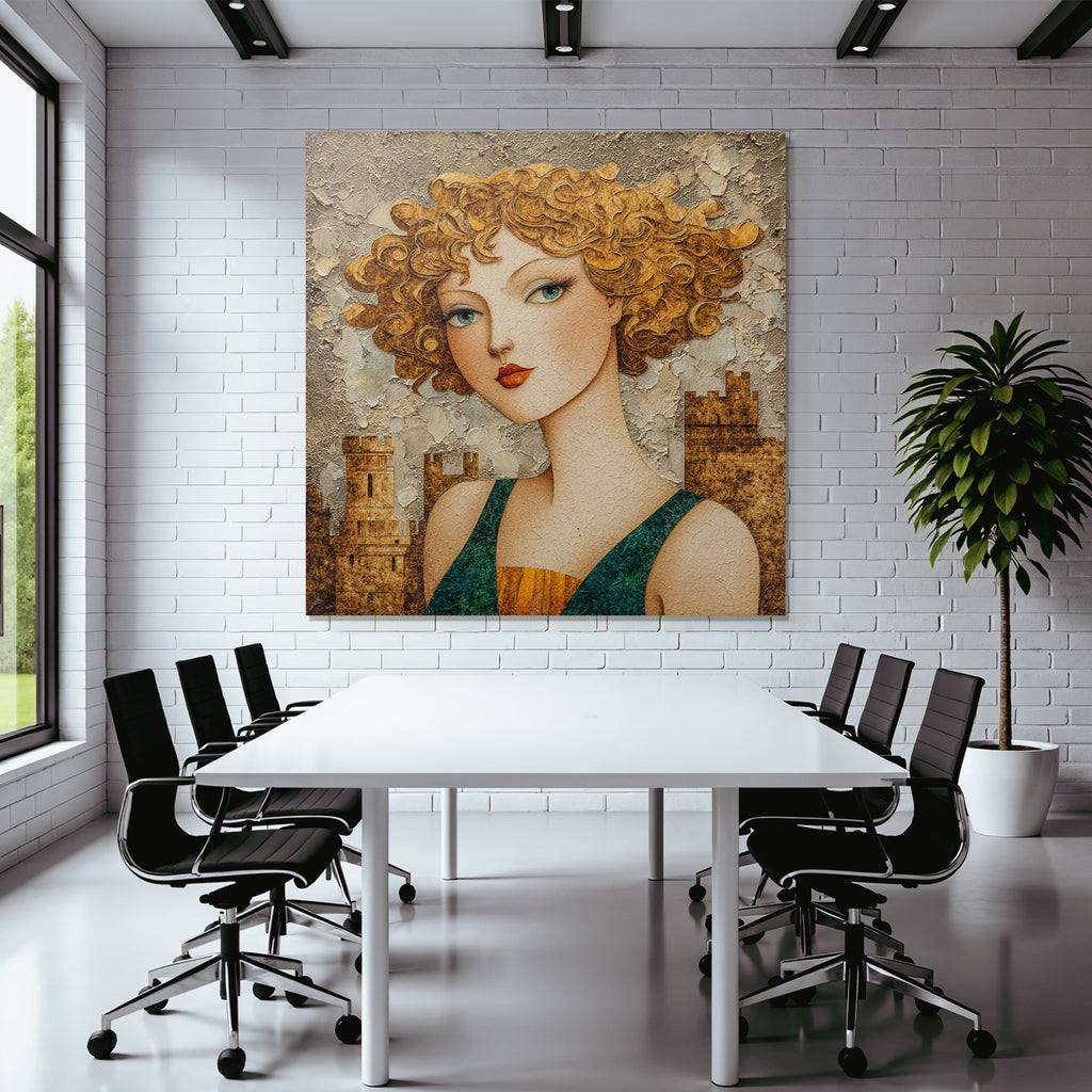 ArtDeco Abstrakte Frau Mit Lockigem Haar Vor Burgenkulisse