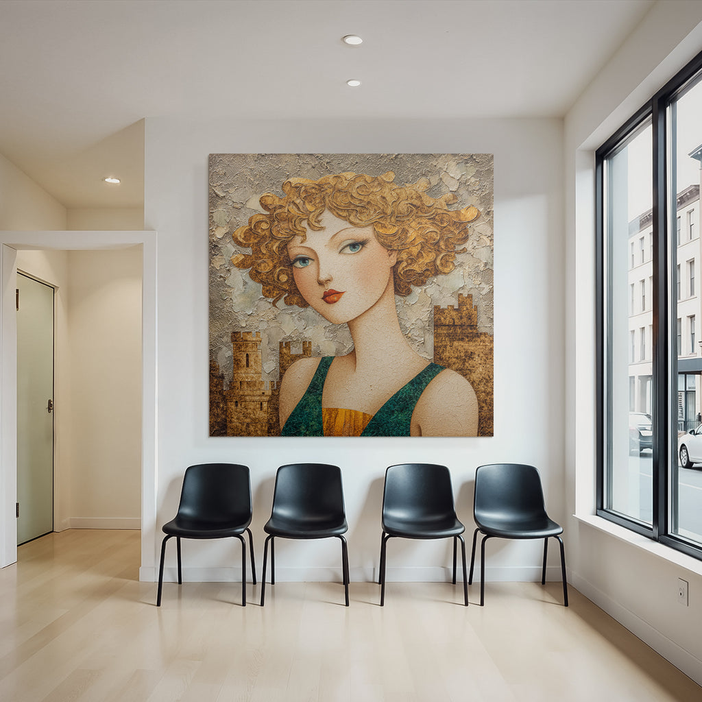 ArtDeco Abstrakte Frau Mit Lockigem Haar Vor Burgenkulisse