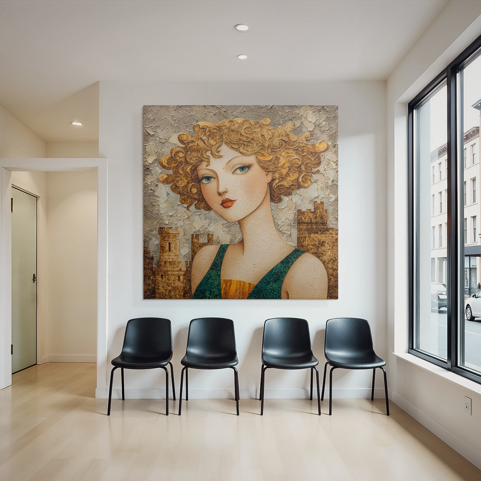 ArtDeco Abstrakte Frau Mit Lockigem Haar Vor Burgenkulisse