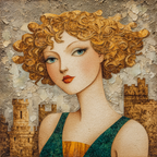 ArtDeco Abstrakte Frau Mit Lockigem Haar Vor Burgenkulisse | Art Deco | Stilrichtungen