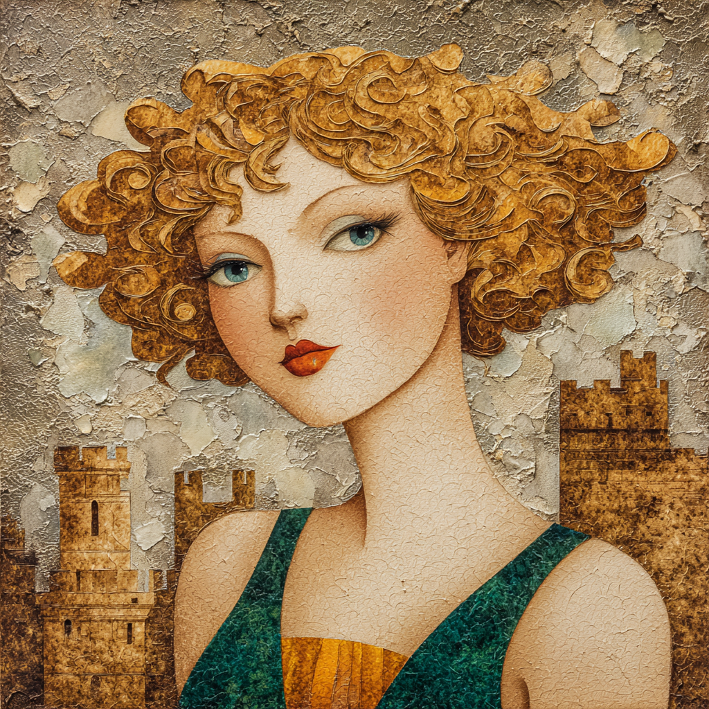 ArtDeco Abstrakte Frau Mit Lockigem Haar Vor Burgenkulisse | Art Deco | Stilrichtungen
