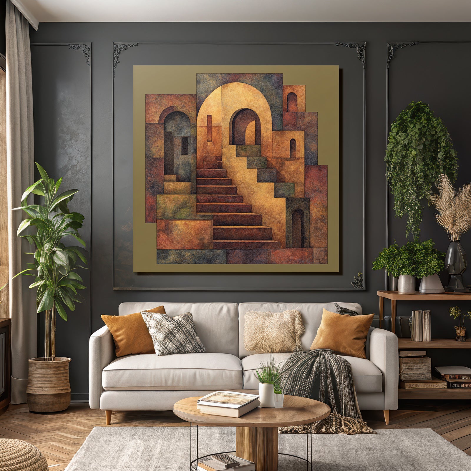 ArtDeco Abstrakte Treppe Und Bogenlandschaft In Warmtonen
