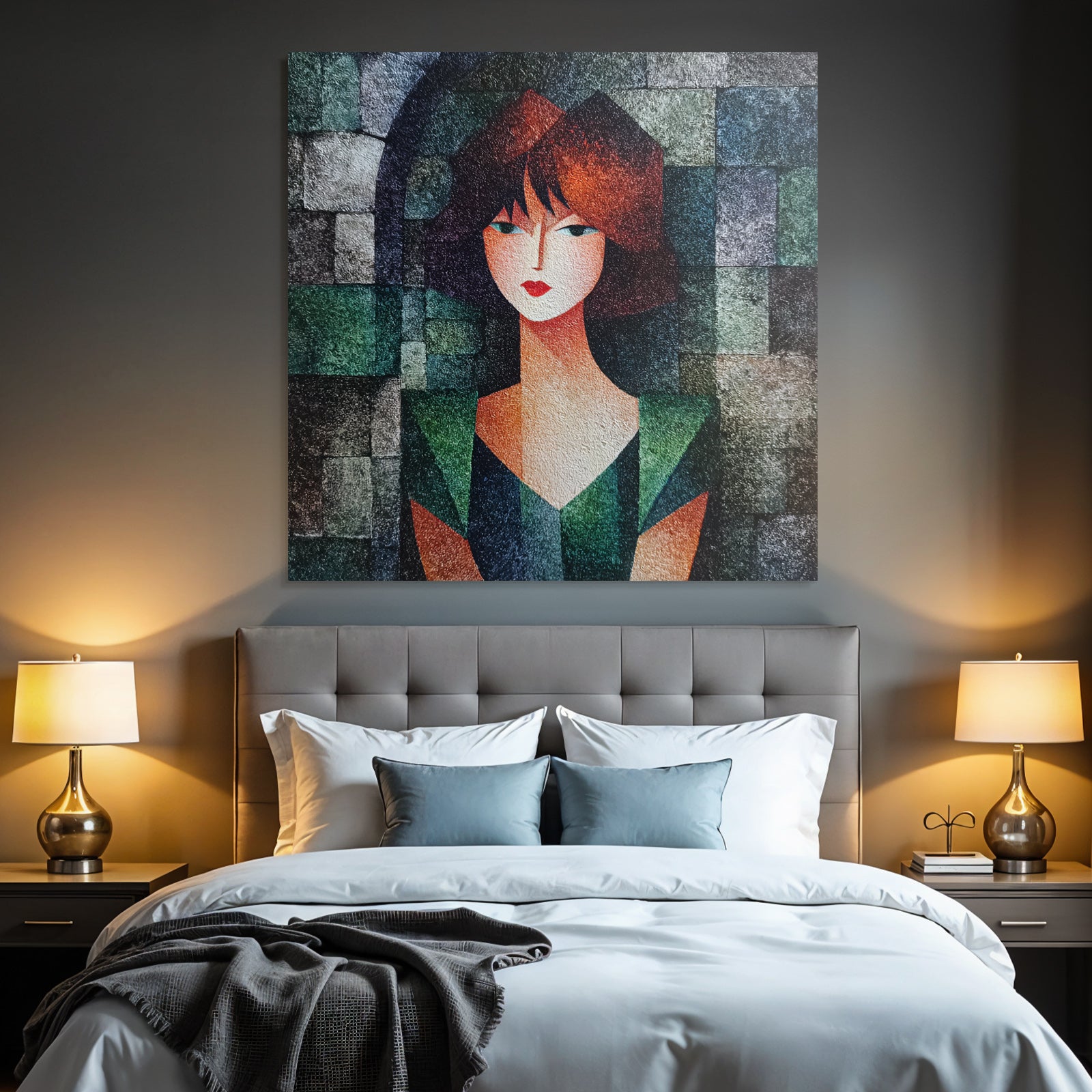 ArtDeco Abstraktes Porträt Einer Frau Mit Geometrischen Formen Und Farben