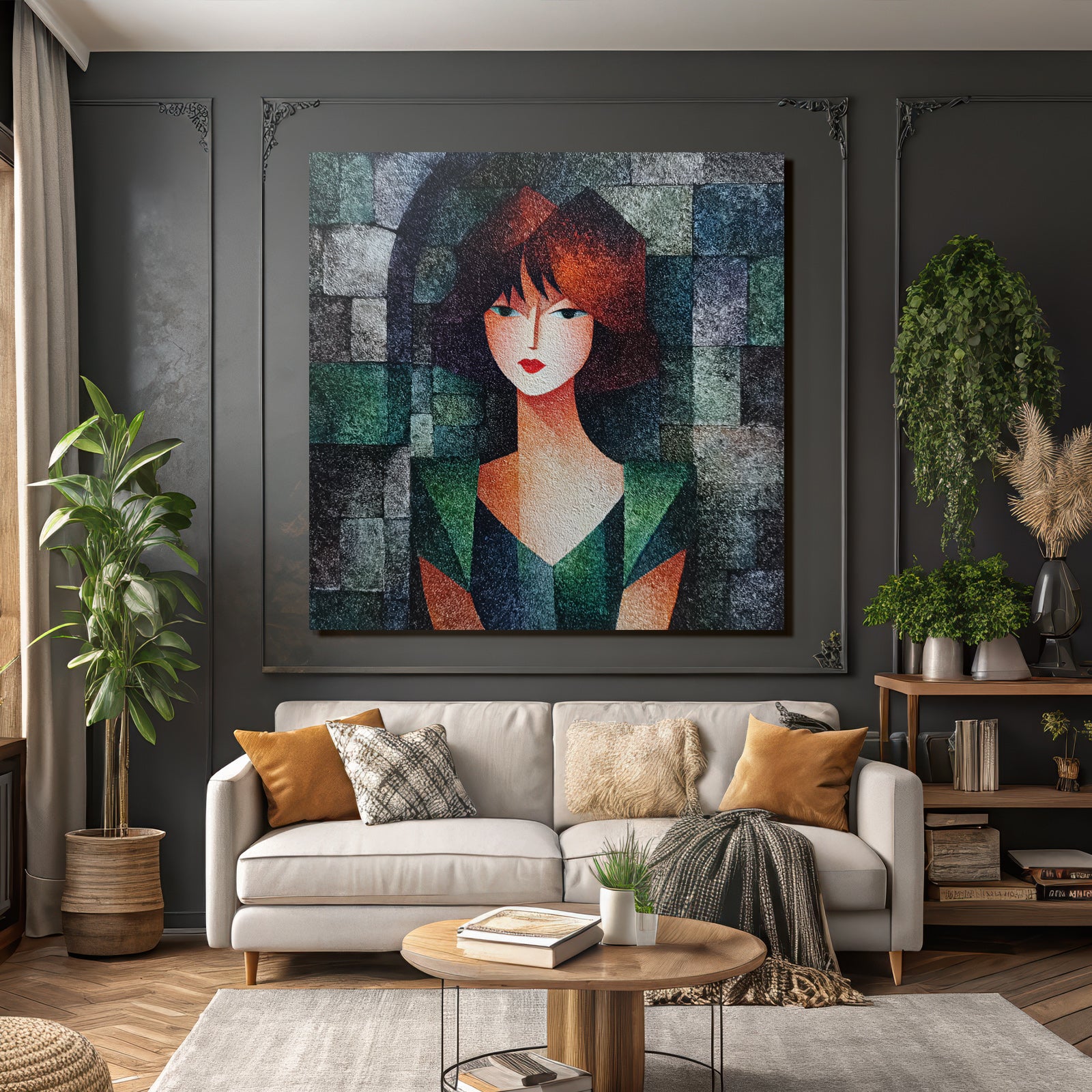 ArtDeco Abstraktes Porträt Einer Frau Mit Geometrischen Formen Und Farben