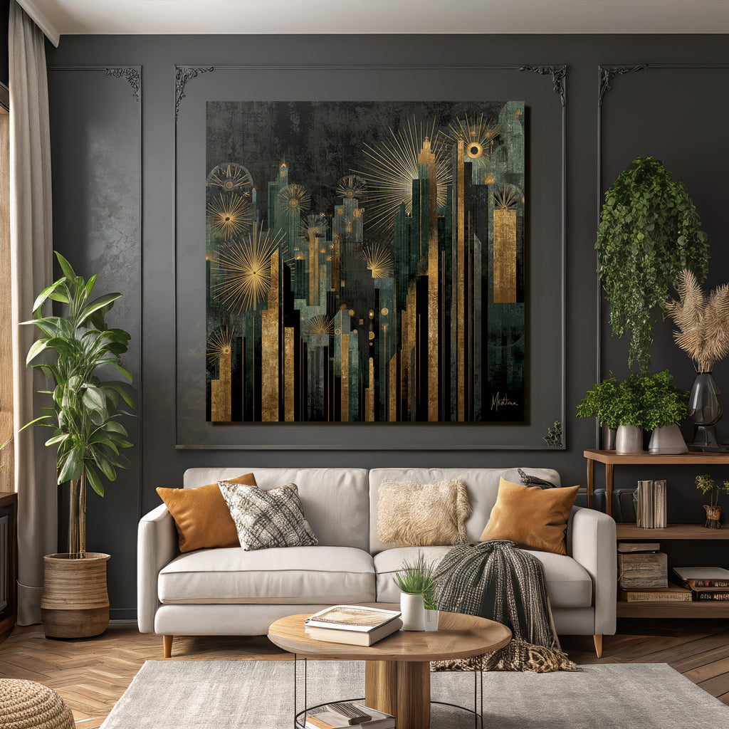 ArtDeco Abstraktes Stadtbild Mit Geometrischen Türmen Und Gold Türkis Akzenten