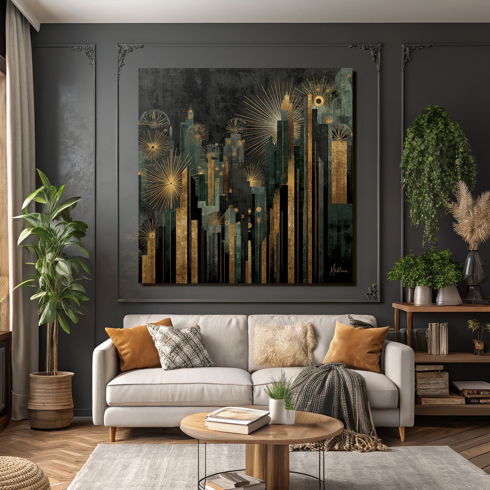 ArtDeco Abstraktes Stadtbild Mit Geometrischen Türmen Und Gold Türkis Akzenten