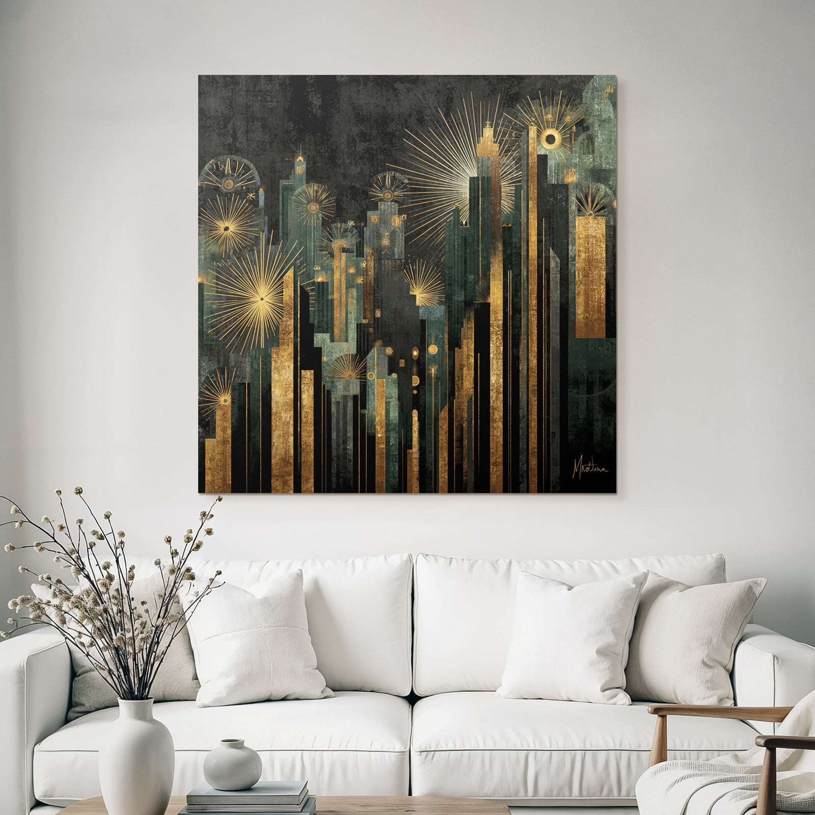 ArtDeco Abstraktes Stadtbild Mit Geometrischen Türmen Und Gold Türkis Akzenten
