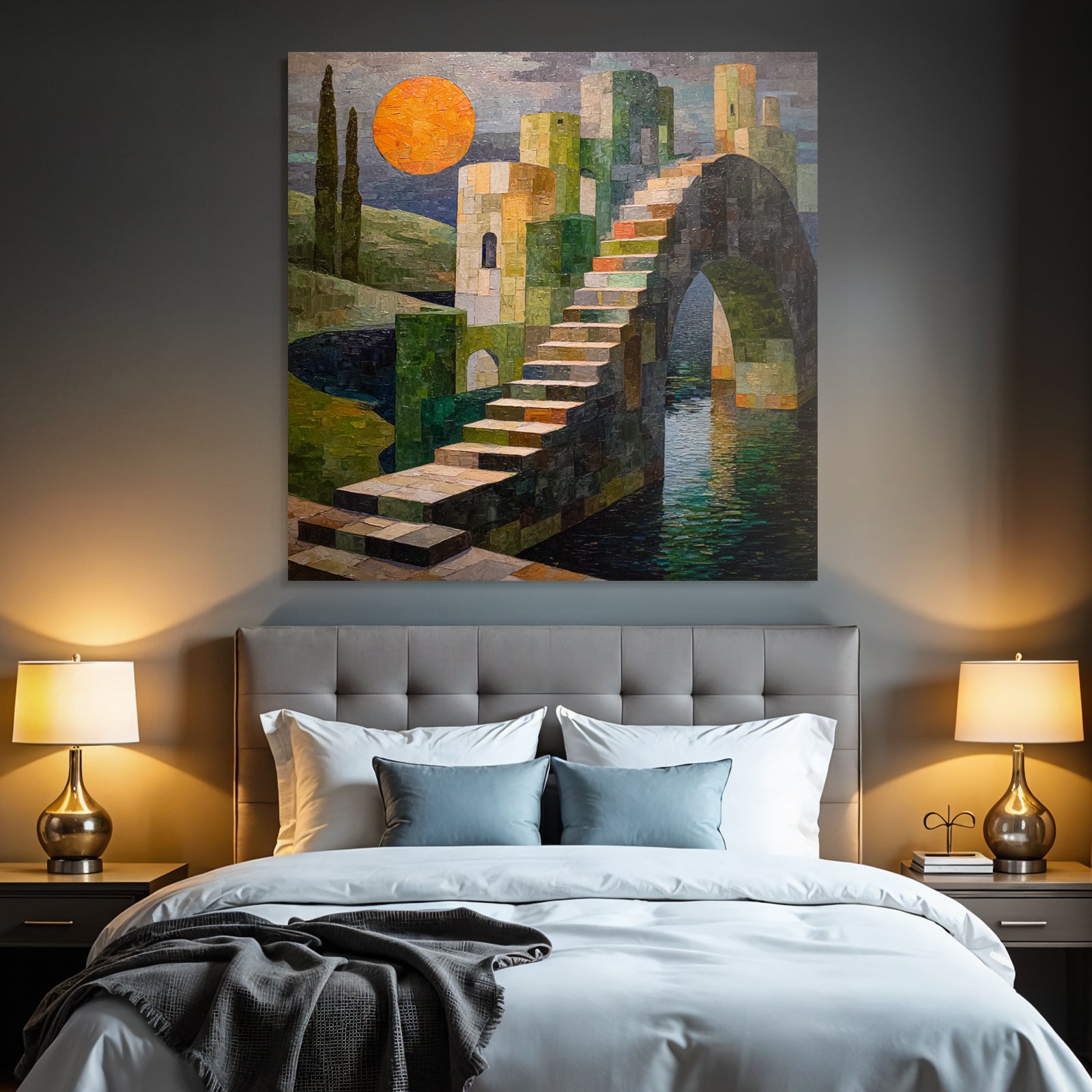 ArtDeco Bunte Abstrakte Treppe Zu Einer Burgstruktur Mit Sonne Und Wasser