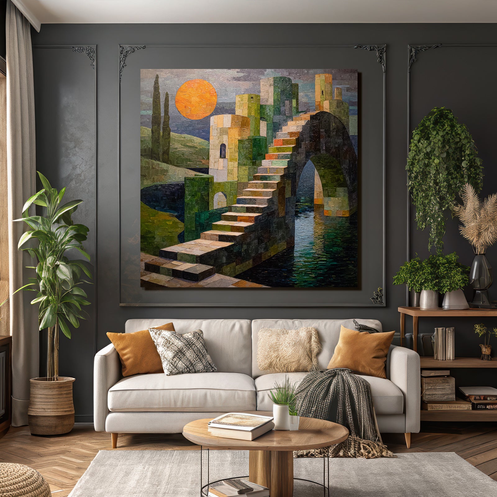 ArtDeco Bunte Abstrakte Treppe Zu Einer Burgstruktur Mit Sonne Und Wasser