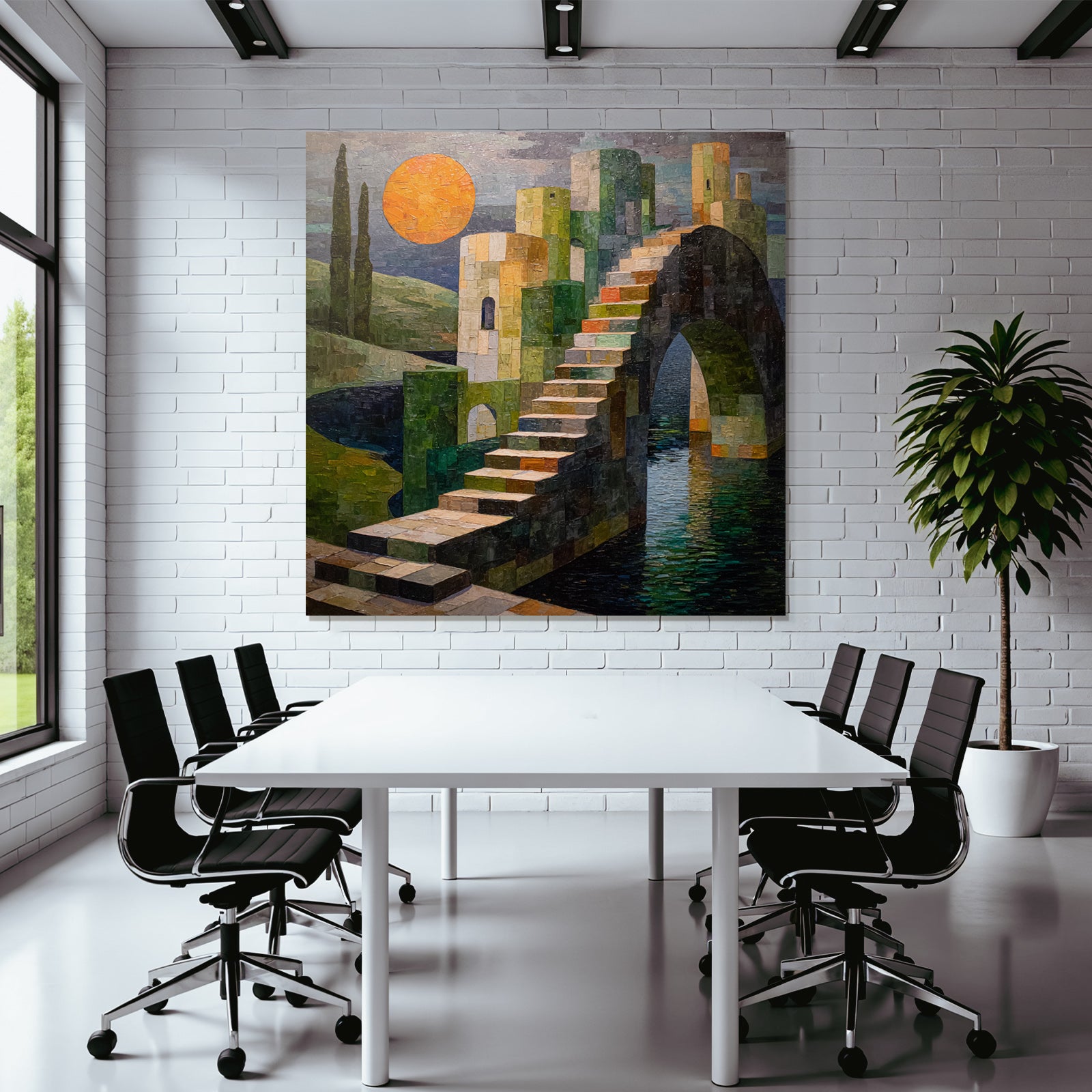 ArtDeco Bunte Abstrakte Treppe Zu Einer Burgstruktur Mit Sonne Und Wasser