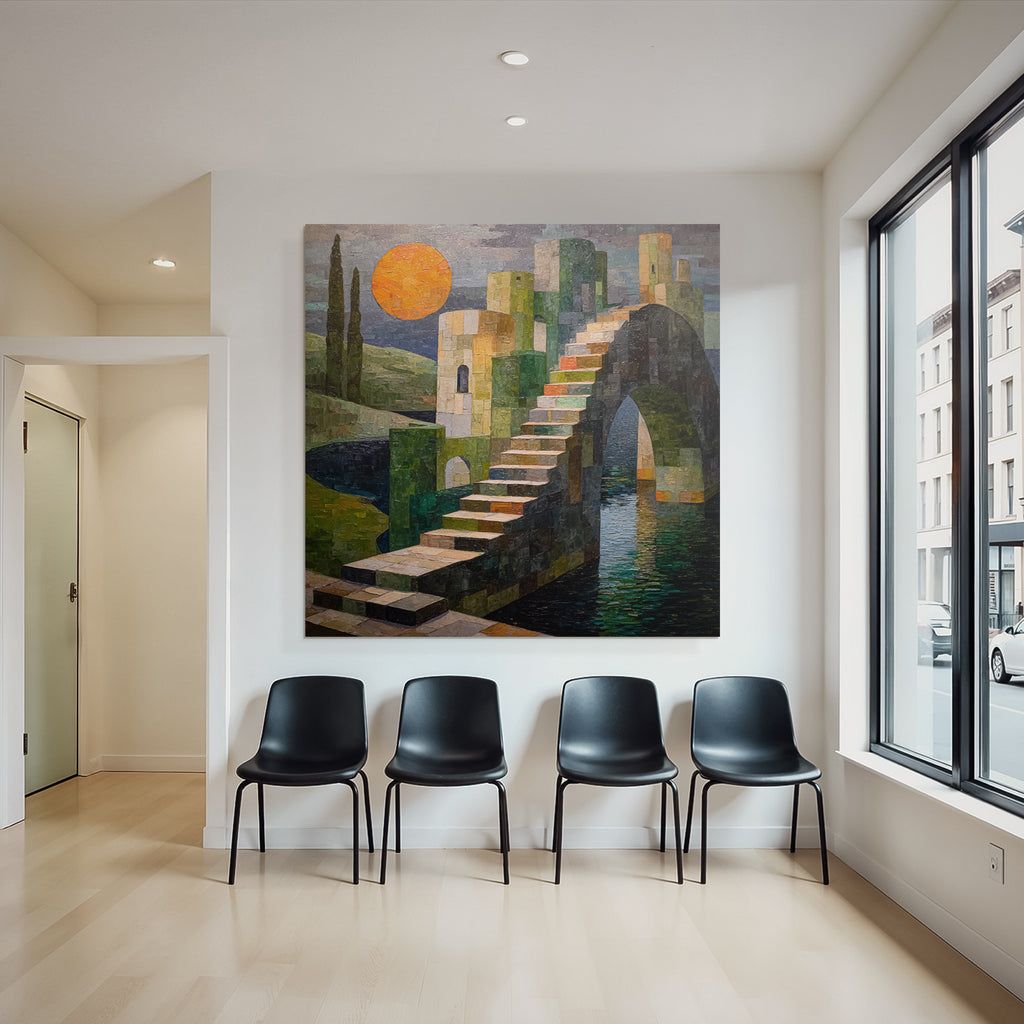 ArtDeco Bunte Abstrakte Treppe Zu Einer Burgstruktur Mit Sonne Und Wasser