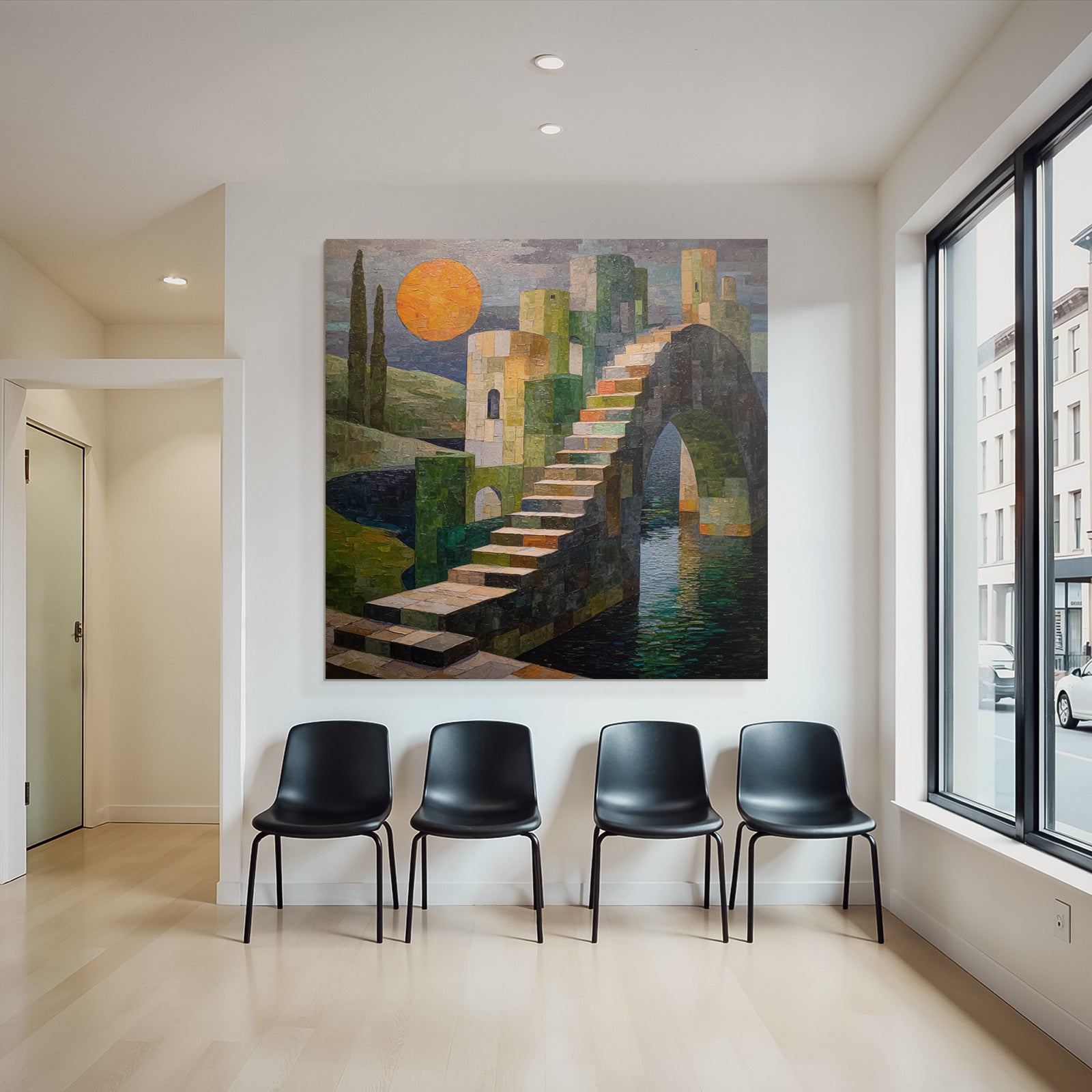 ArtDeco Bunte Abstrakte Treppe Zu Einer Burgstruktur Mit Sonne Und Wasser