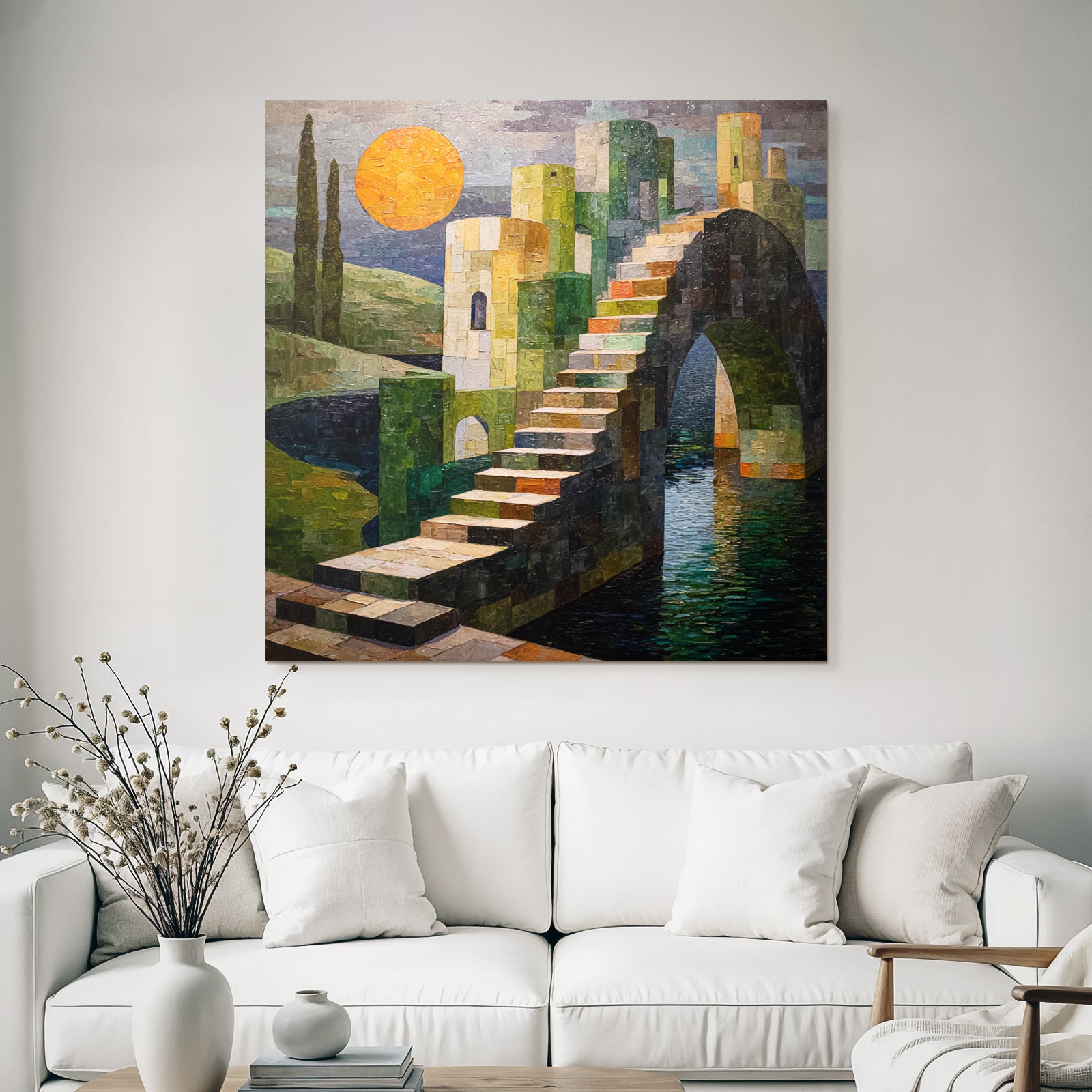 ArtDeco Bunte Abstrakte Treppe Zu Einer Burgstruktur Mit Sonne Und Wasser